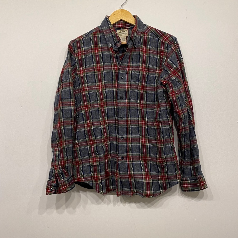 LL Bean Traditional Fit Flannel Shirt Mens Small Grey Red Blue Plaid